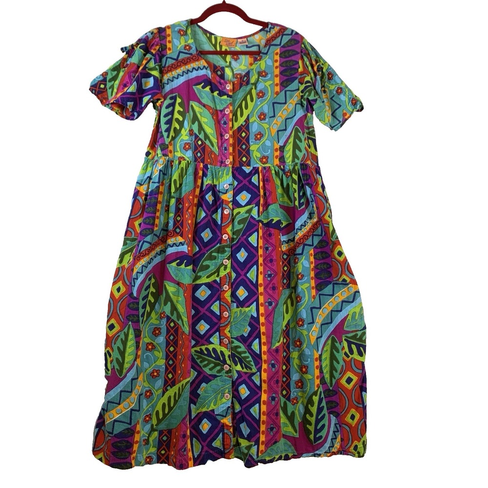 VTG 90s Sea Wind India Cotton Button Front Midi Dress Floral Boho Whimsigoth Med